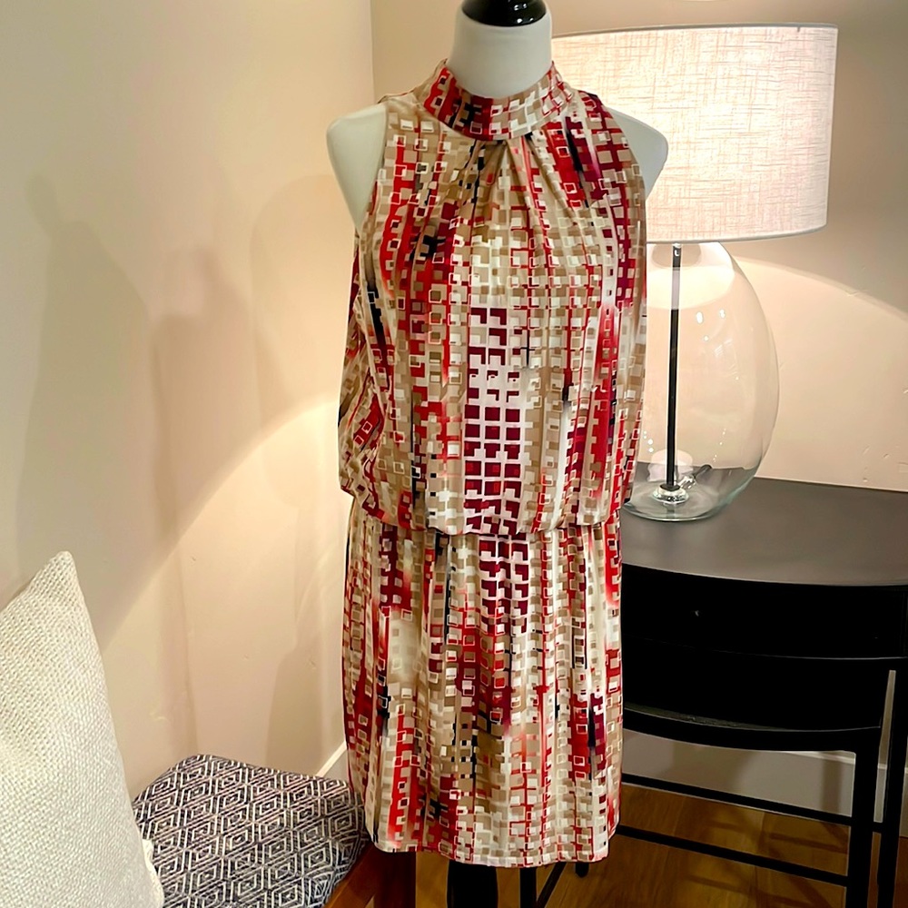 WHBM sleeveless dress, rust, burgundy, cream and black